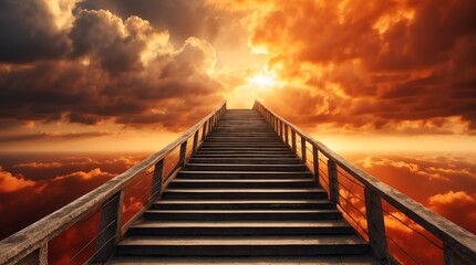 long staircase to orange dramatic clouds with sunlight rays fantasy background from Generative AI - obrazy, fototapety, plakaty