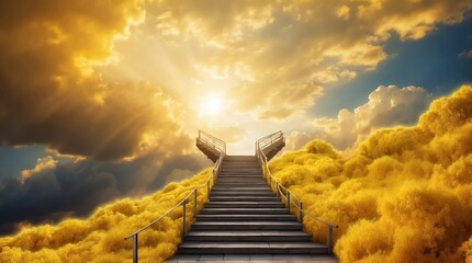 long staircase to yellow dramatic clouds with sunlight rays fantasy background from Generative AI