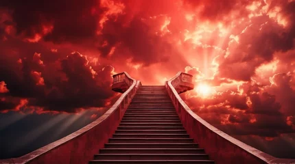  long staircase to red dramatic clouds with sunlight rays fantasy background from Generative AI © SevenThreeSky