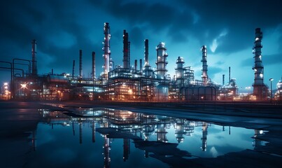 Naklejka premium Oil refinery at night with reflection in water.