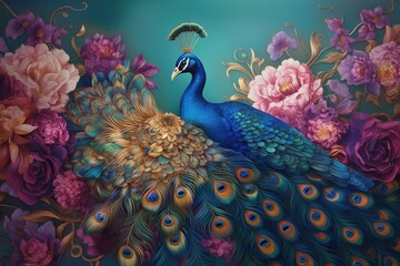 a peacock with a bird on its back is shown in a painting.