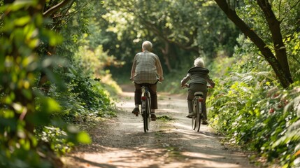 Obraz premium Elderly couple cycling together on a forest trail, surrounded by greenery