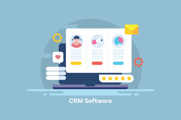 e-Business using CRM software solution to manage customer support and marketing operation, analytics conceptual vector illustration. - obrazy, fototapety, plakaty