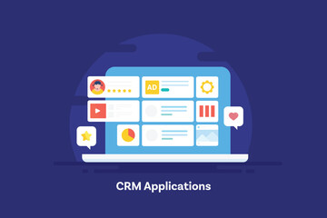 Integrate multiple application, import customer data and manage advertising analytics with CRM software dashboard, vector illustration concept.  - obrazy, fototapety, plakaty