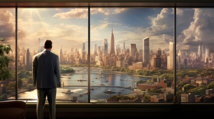 A businessman stands by the window and enjoys the view of the big city with the river and beautiful buildings.