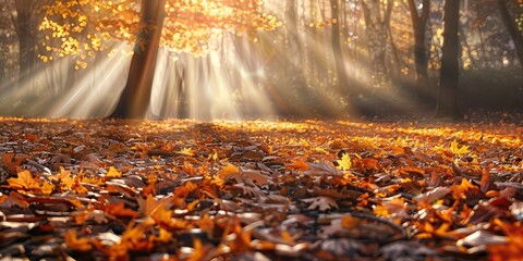 Autumnal panorama with sun rays and fallen leaves