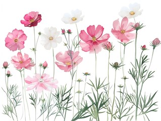 Obraz na płótnie Canvas Watercolor cosmos clipart with delicate pink and white flowers.