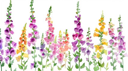 Watercolor foxglove clipart with tall spires of colorful flowers.