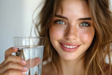 Stunning young woman with sparkling blue eyes holding a glass of water, exuding natural beauty and wellness