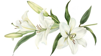 Watercolor lily clipart with elegant white petals and green stems.