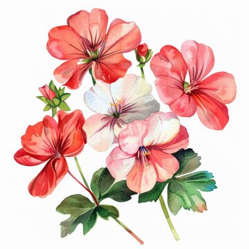 Watercolor geranium clipart with clusters of red pink