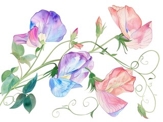 Watercolor sweet pea clipart with pastel-colored blooms and curly tendrils.