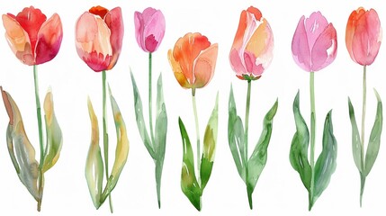 Watercolor tulip clipart in different shades of pink red