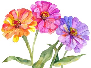 Watercolor zinnia clipart in bold and vibrant colors.
