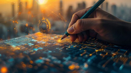 A hand wielding a pen sketches both a drawing and the city's architectural design. A contemporary architect creates a digital blueprint of the city, exemplifying digital urbanism - obrazy, fototapety, plakaty