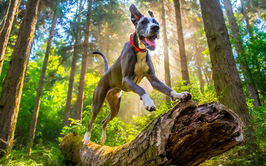 a great dane jumps at full speed over a tree trunk in the forest, AI generated - obrazy, fototapety, plakaty