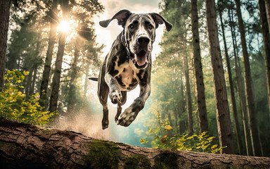 a great dane jumps at full speed over a tree trunk in the forest, AI generated