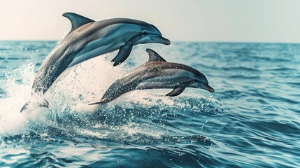 Beautiful bottlenose dolphins jumping out of sea with clear blue water on sunny day