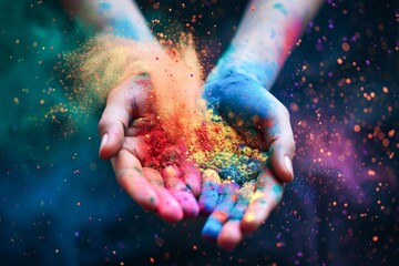 Vibrant Holi Festival Colors Exploding From Hands at Dusk