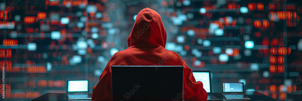 Wall mural hacker with red hoodie sitting in front of Laptop or computer, hacking cyber security threat , neon cyberpunk tech studio copy space