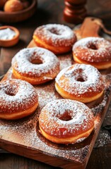 Glazed Doughnuts Sprinkled With Powdered Sugar on a Wooden Board