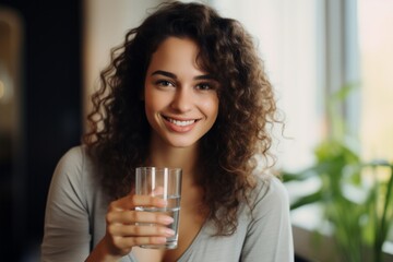 Cheerful curly-haired woman enjoying a fresh glass of water, radiating a healthy lifestyle glow.