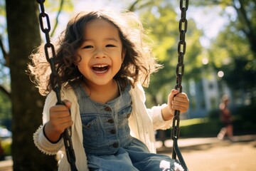 An adorable Asian young girl smiling on a swing enjoys playing in a park below the bright morning sunlight with the other children playing in the same park. Generative AI. - obrazy, fototapety, plakaty