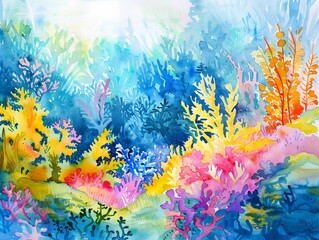 Fototapeta na wymiar Underwater watercolor view of a coral reef