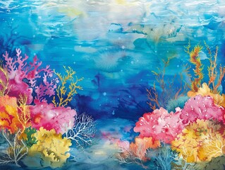 Underwater watercolor view of a coral reef