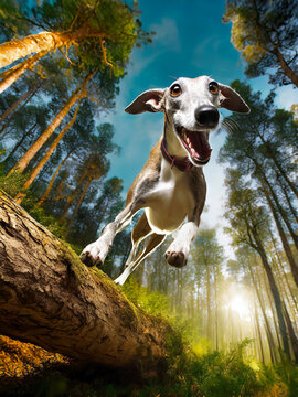 a Greyhound jumps at full speed over a tree trunk in the forest, AI generated