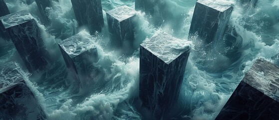 Ocean of cubes, stormy sea aesthetic, metallic blue tones, subtle lighting,