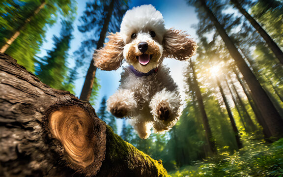 a poodle jumps at full speed over a tree trunk in the forest, AI generated