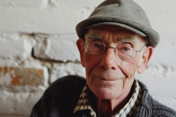 Portrait of senior man with grey hat and glasses against white brick wall