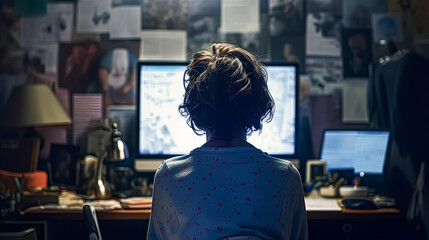 A woman is sitting at a desk with a computer monitor in front of her