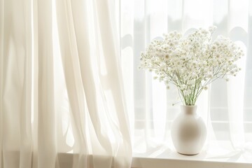 Serene Morning Light Shining Through Sheer Curtains Onto a Vase of White flowers