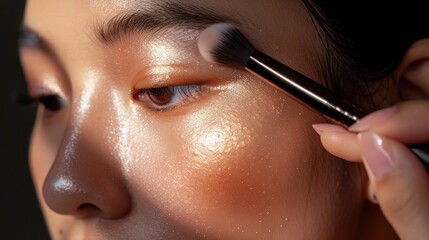 A close-up of someone applying highlighter to the high points of their face, showcasing glowy makeup. 