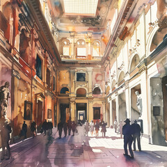 Museum, art gallery Uffizi Florence. Watercolor illustration. Italy Middle Ages. Painting for design.