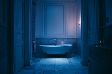 Fototapeta na wymiar Luxurious minimalist bathroom with a freestanding bathtub in dark blacks and deep blues, candlelight, in a Greek villa, exemplifying tranquil elegance.