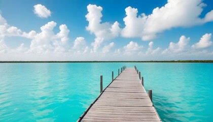 wooden-pier-in-bacalar-lagoon-with-beautiful-landscape - obrazy, fototapety, plakaty