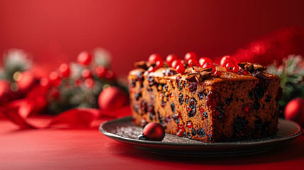 Delicious Christmas Fruitcake Isolated on a Red background - obrazy, fototapety, plakaty