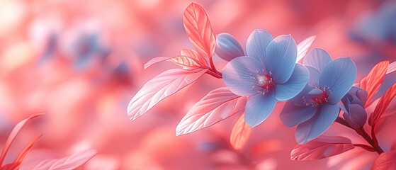 a many blue flowers that are on a pink background