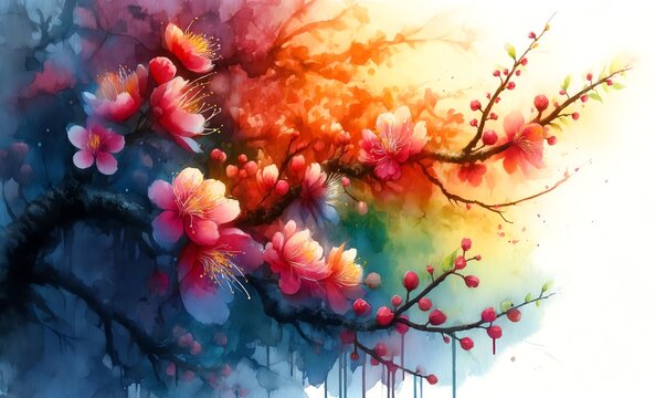 Watercolor Painting of a Flowering Plum Tree