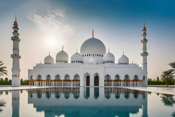 Fototapeta na wymiar Beautiful white mosque with water reflection, front view with sunset background.