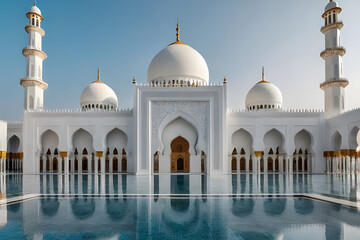 Fototapeta na wymiar Beautiful white mosque with reflection water, front view with clear sky background.