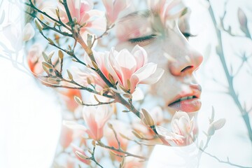Serene Womans Face Blended With Blossoming Magnolia Branches in Springtime