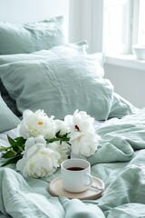 Fototapeta na wymiar Serene Bedroom Morning With White Peonies on Soft Linens