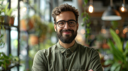 Fototapeta premium Portrait of handsome bearded businessman wearing olive shirt and glasses smiling at camera standing in bright modern office
