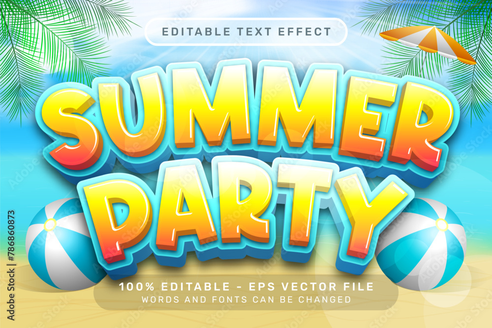 Poster summer party 3d text effect and editable text effect with a beach background