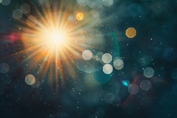 Light, bokeh and sun for abstract sky art, gold and magic of hope, healing and energy alignment. Lens flare, space or microscopic view of sunshine pattern for comet news, philosophy or starburst glow - obrazy, fototapety, plakaty