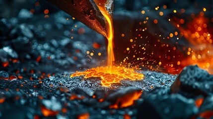 Intense moment as red-hot steel creates a river of fire into a mold, the air alive with sparkling embers and glowing metal